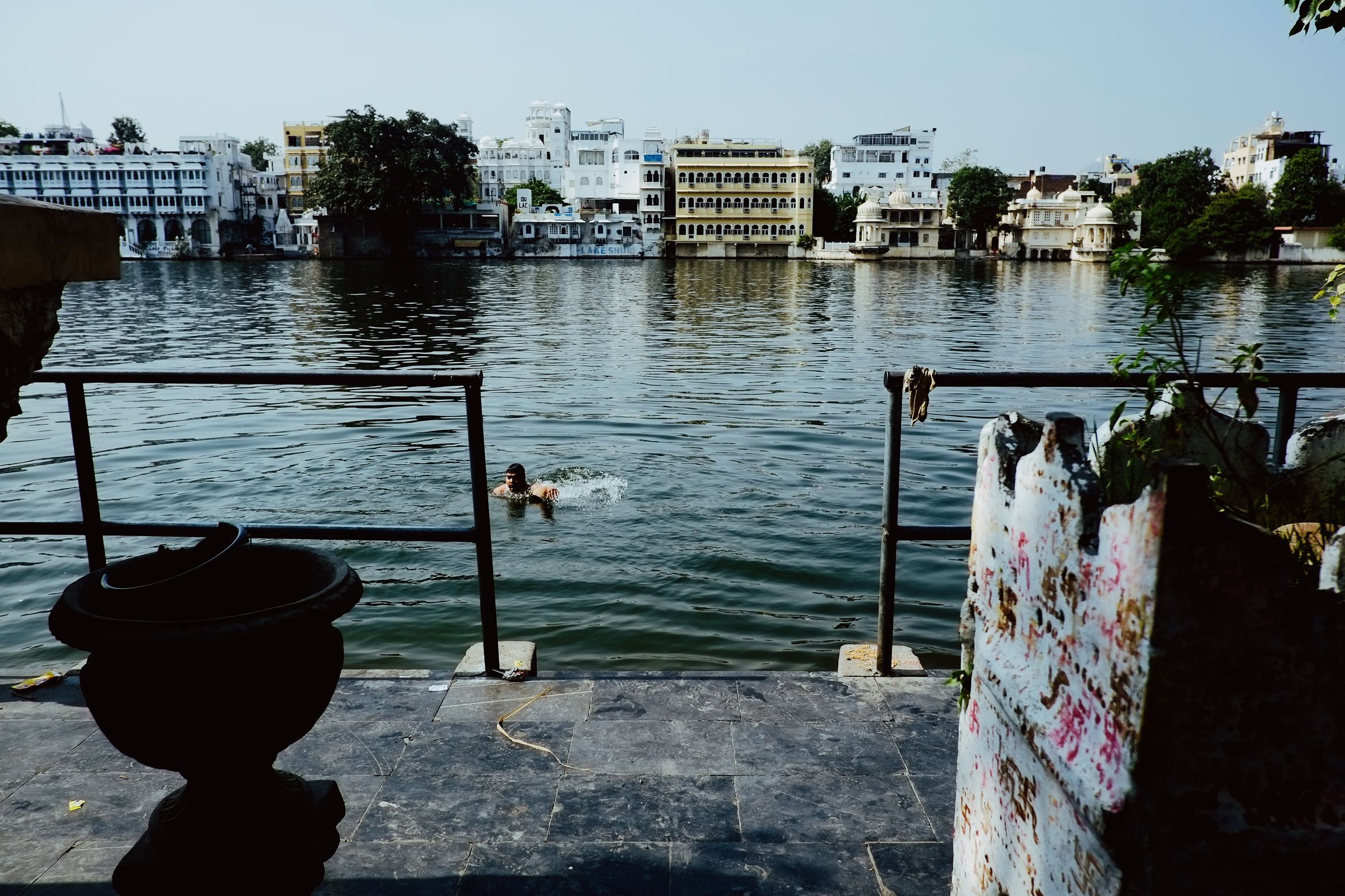 A swimmer bathing in the lake