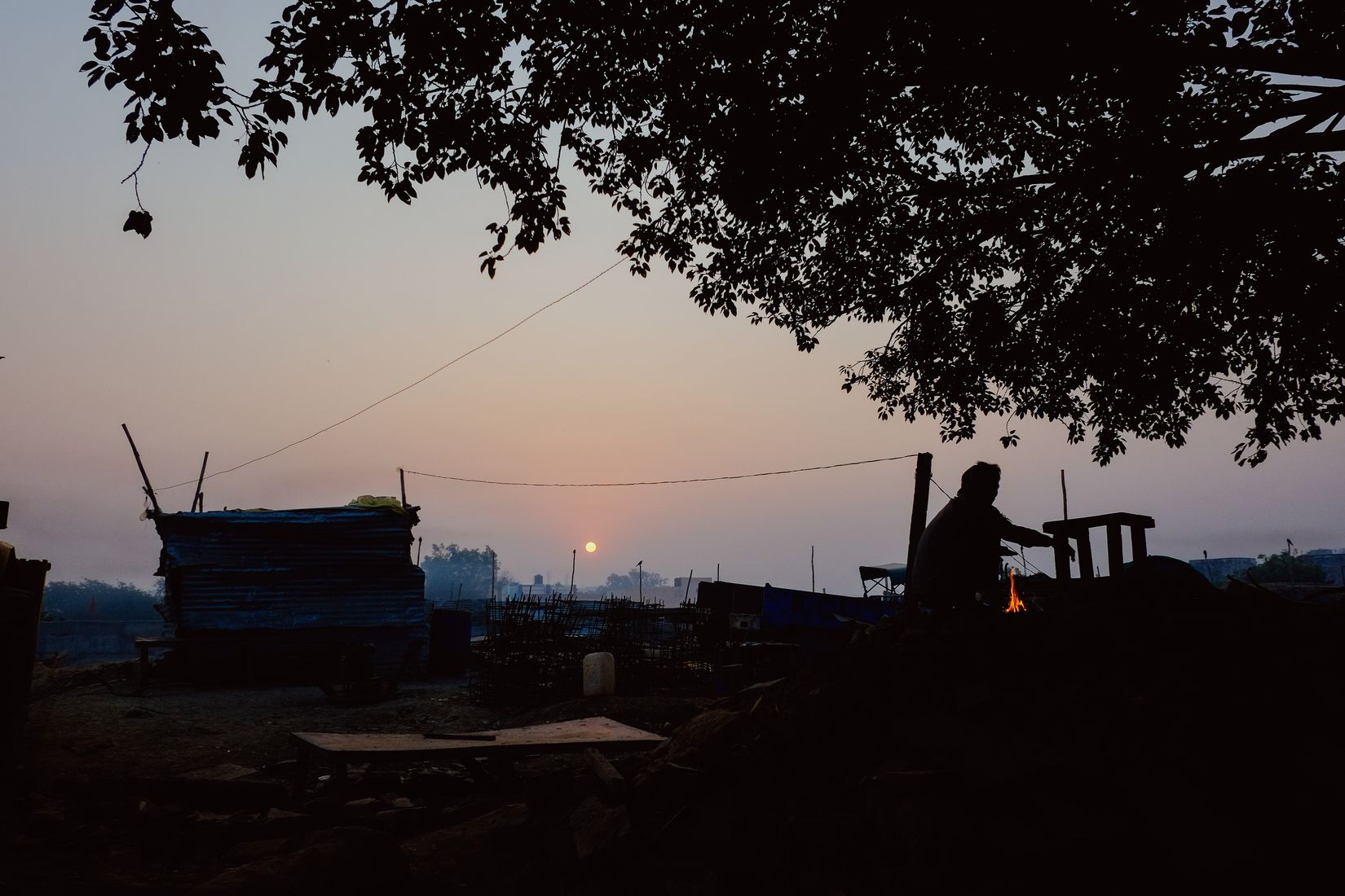 Sunrise over rooftops through overhanging branches, a figure in silhouette at a stall in the foreground