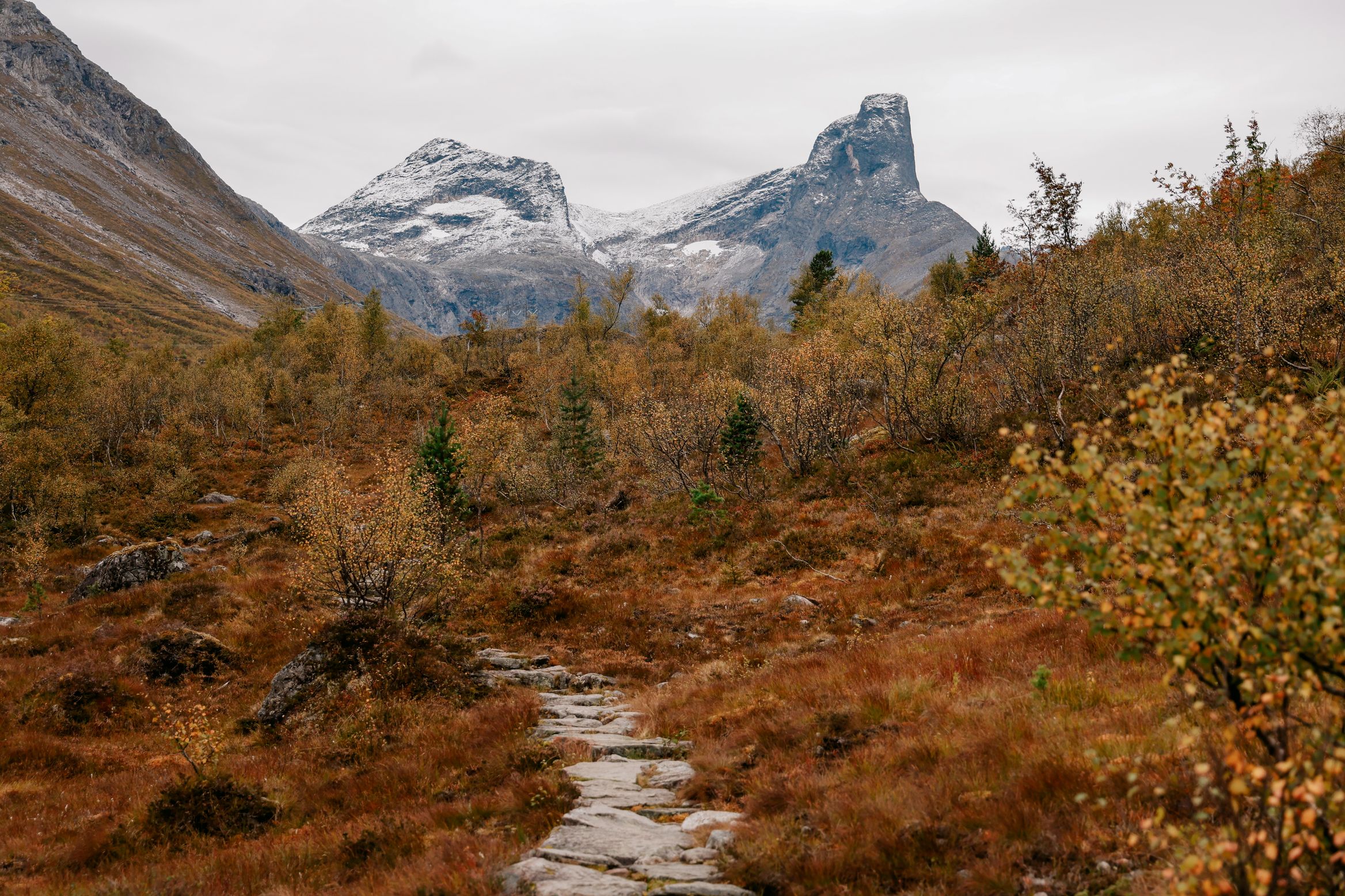 A stone path leading up through orange heath towards the blunt tower of Romsdalshorn