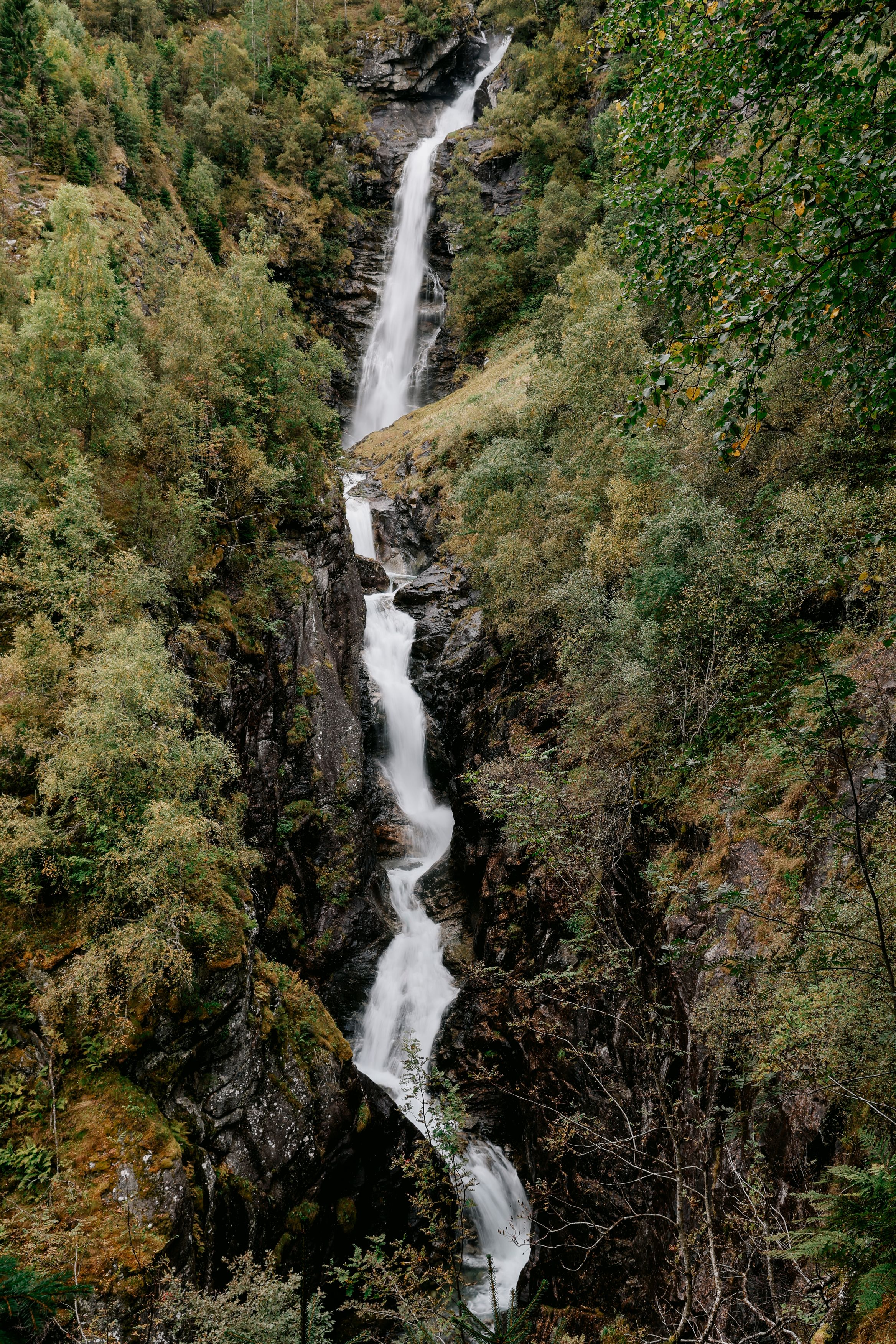 A tall waterfall zigzagging down a wooded ravine