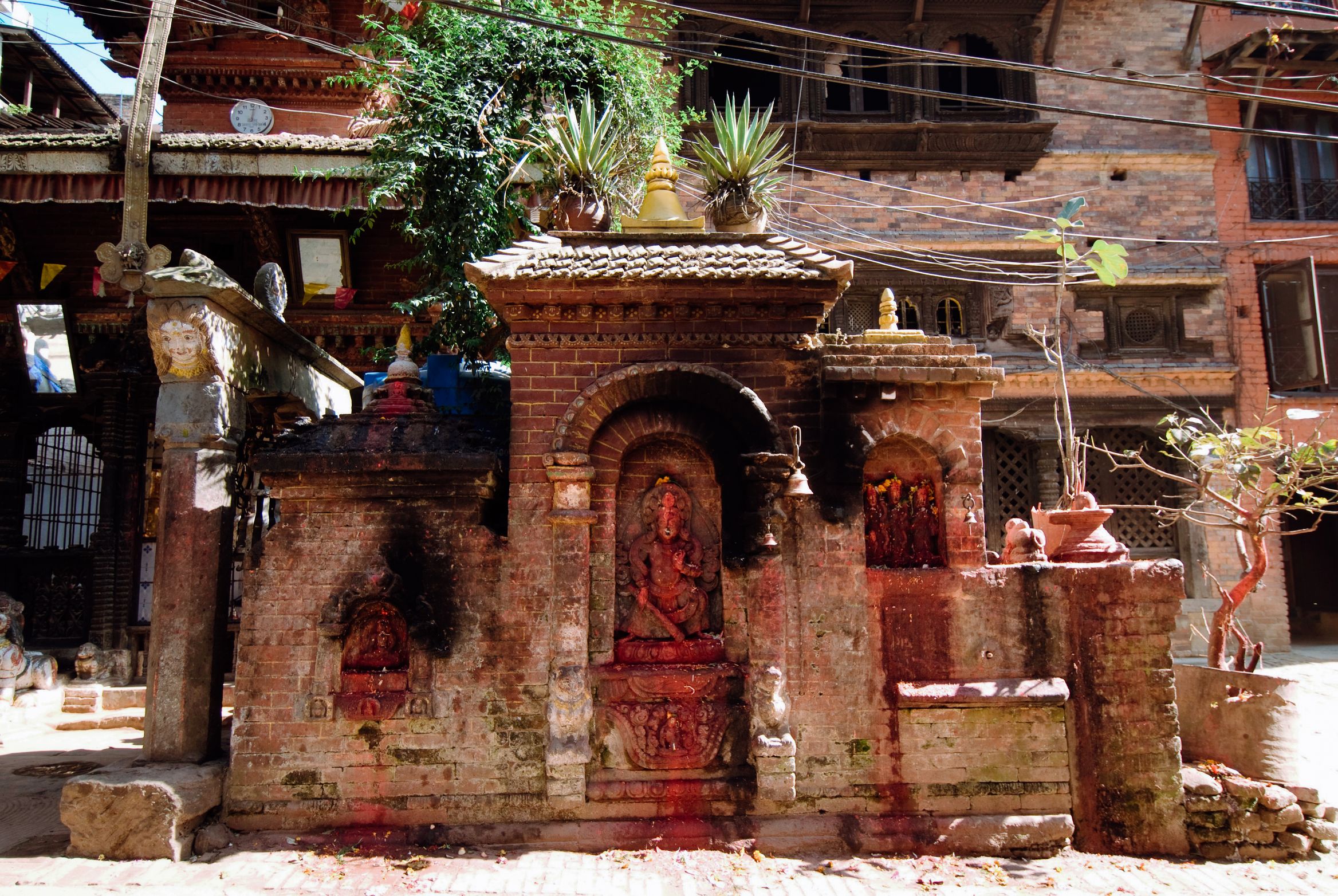 A brick street shrine stained deep red with vermilion, plants growing from the roofs above