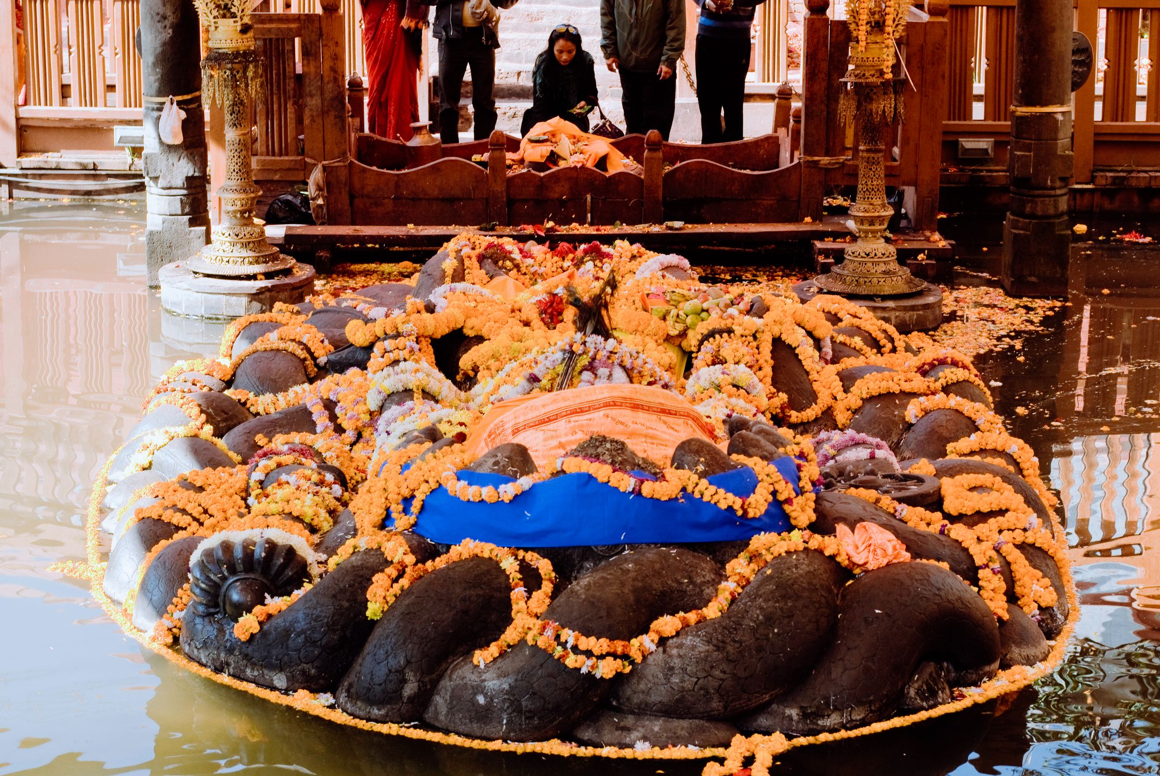 The reclining Vishnu lying in the tank on a bed of coiled serpents, covered in marigold garlands