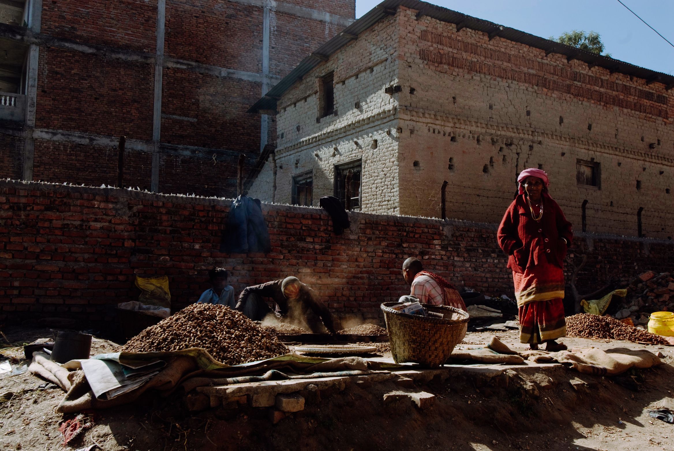 Grain and nuts spread to dry on mats in a yard, a woman in red standing over the work