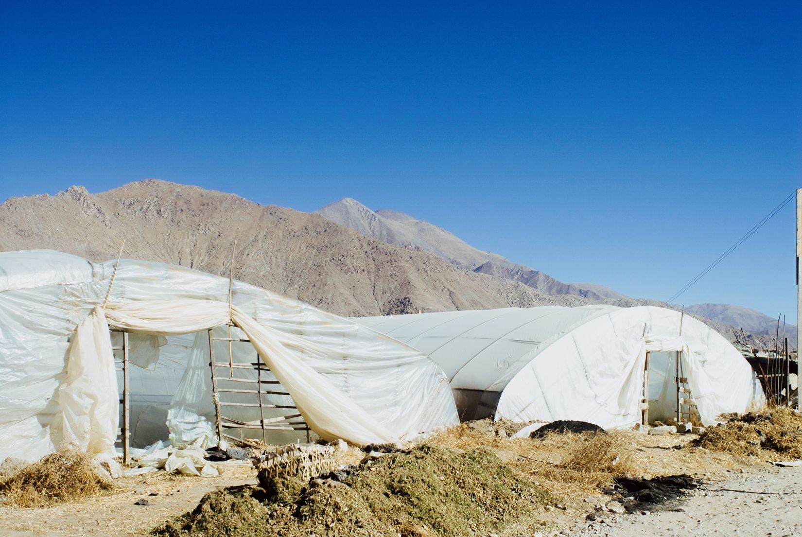 Polythene greenhouses on dry ground below a bare mountain ridge