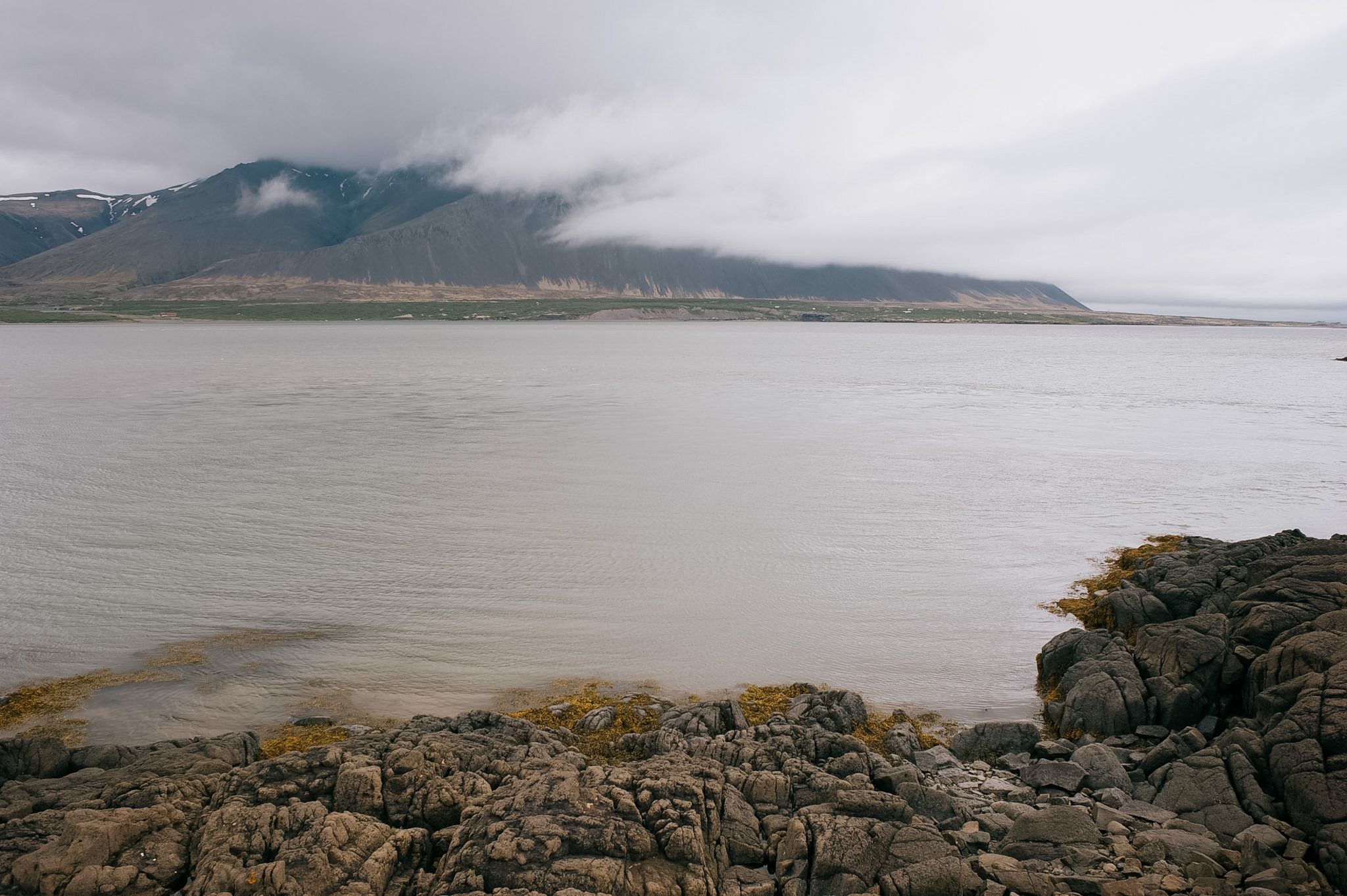 A black rock shore running out into a flat grey fjord, cloud sitting halfway down the mountain opposite